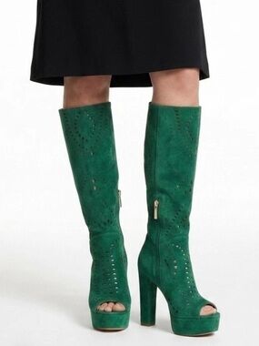 Baldinini Green Suede Open-Toe Laser-Cut Platform Boots EU 37 US 7 ITALY